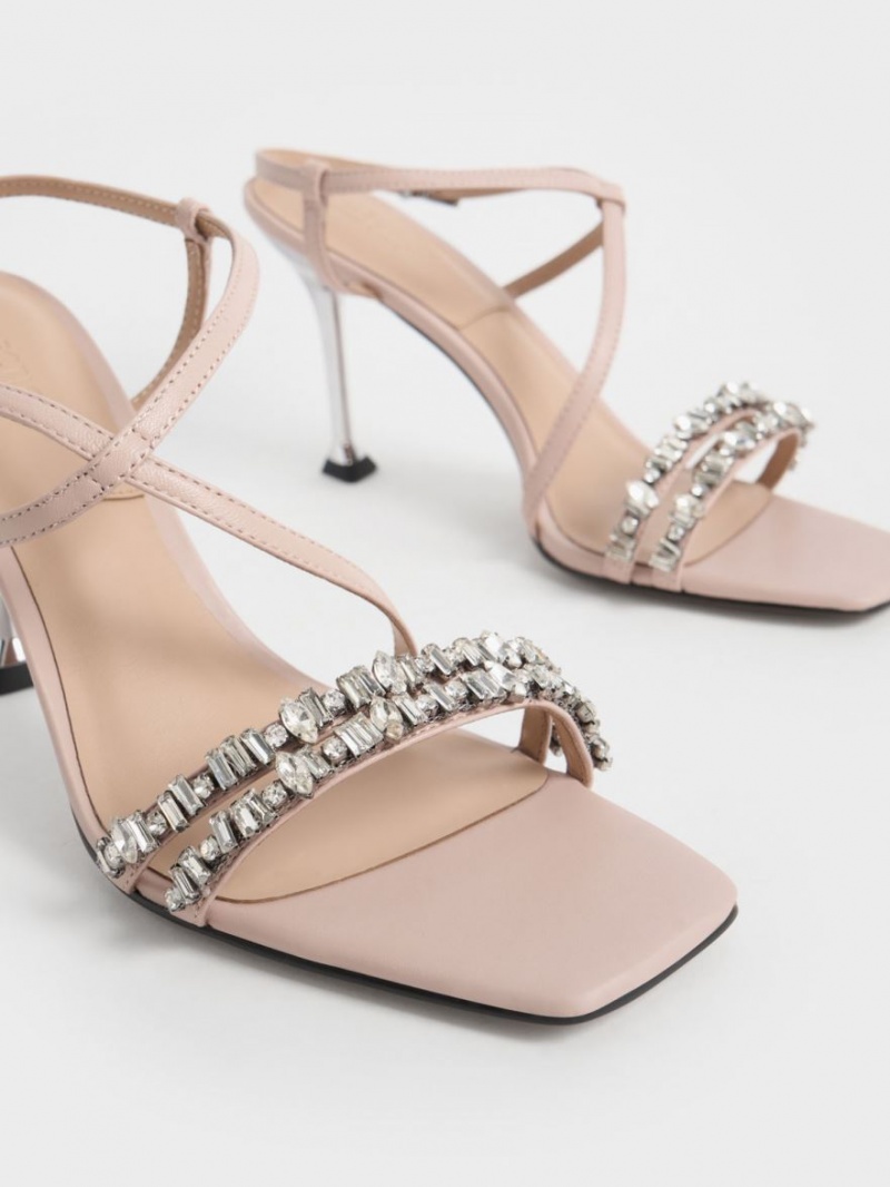 Charles And Keith Leather Gem-Embellished Strap Sandals Beige | PHILIPPINES I930