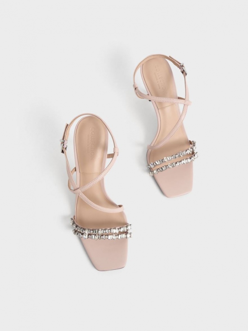 Charles And Keith Leather Gem-Embellished Strap Sandals Beige | PHILIPPINES I930