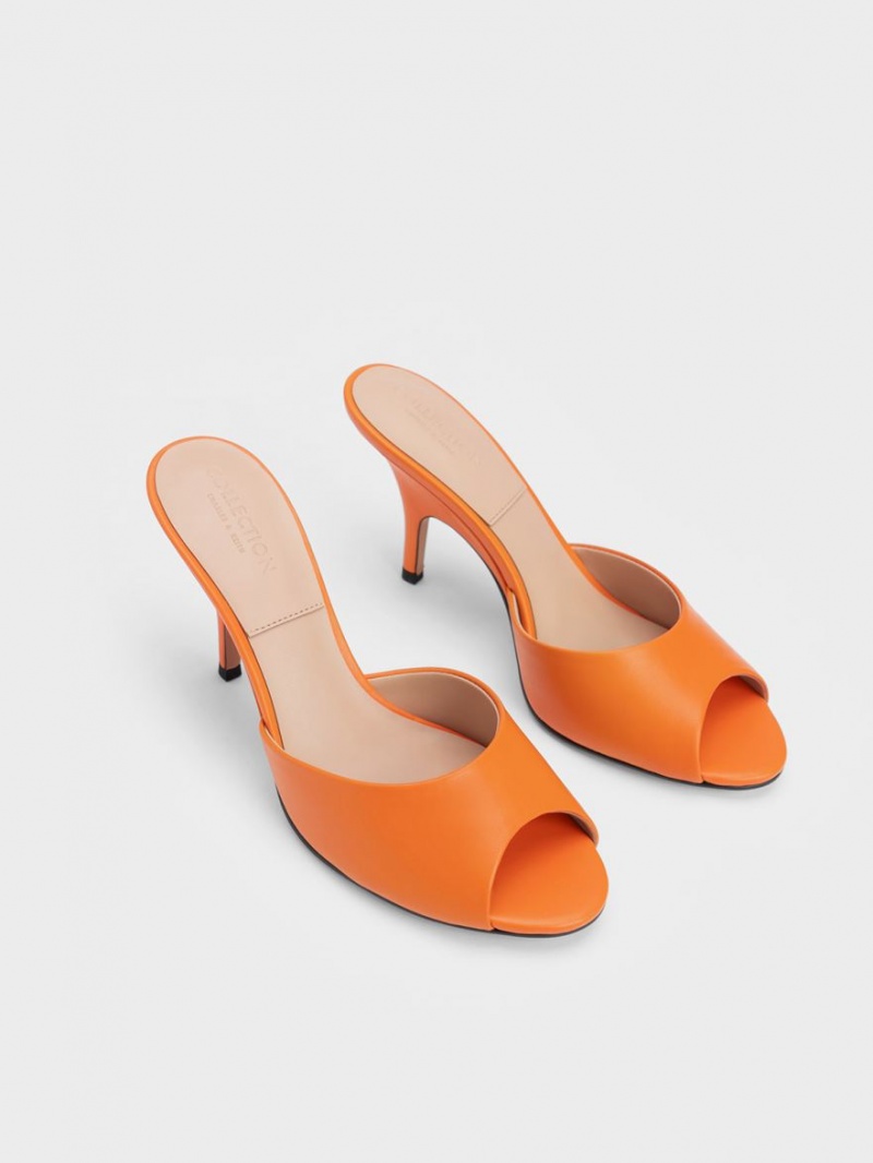 Charles And Keith Leather Round-Toe Heeled Mules Orange | PHILIPPINES S725