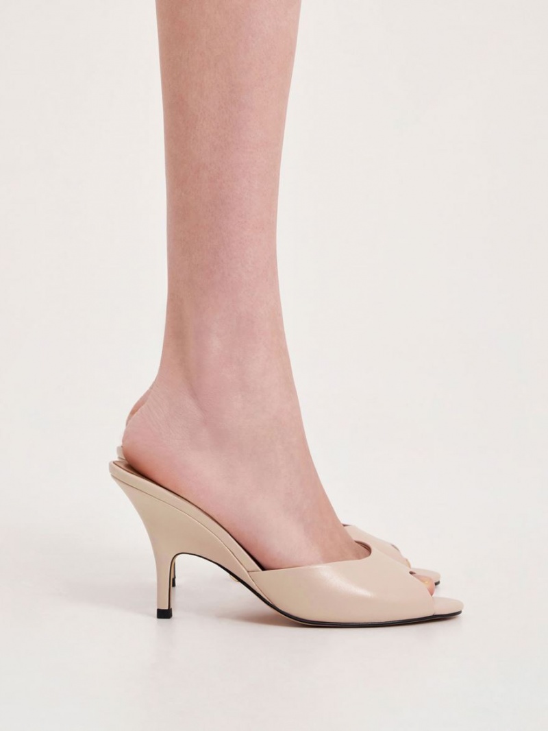 Charles And Keith Leather Round-Toe Heeled Mules Beige | PHILIPPINES J306