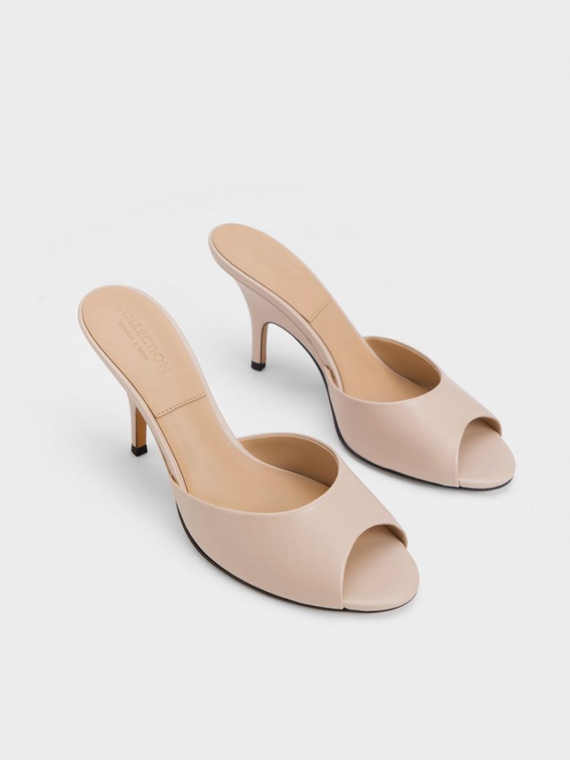 Charles And Keith Leather Round-Toe Heeled Mules Beige | PHILIPPINES J306