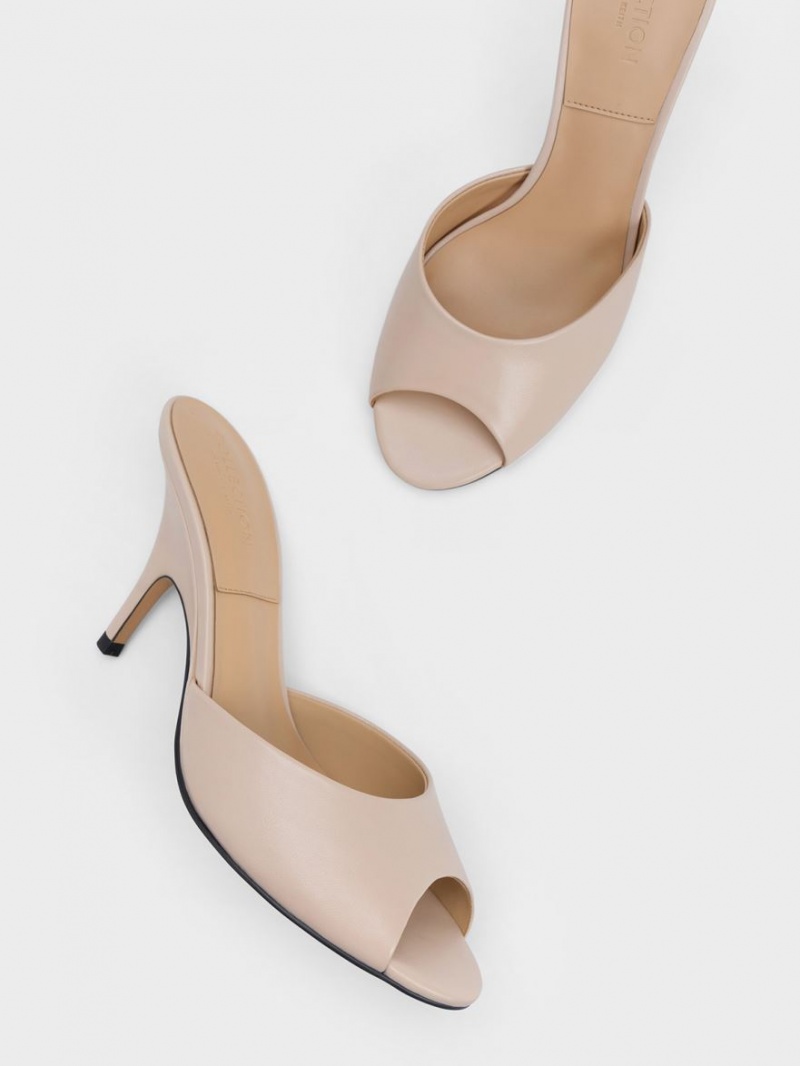 Charles And Keith Leather Round-Toe Heeled Mules Beige | PHILIPPINES J306