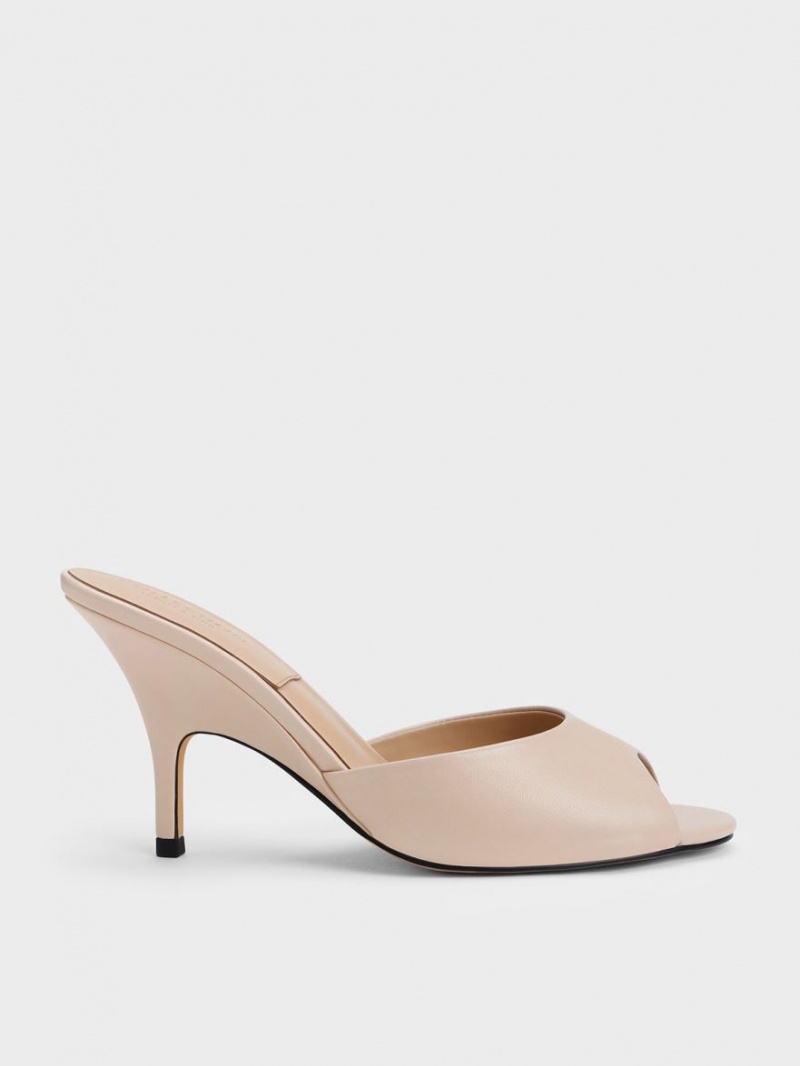 Charles And Keith Leather Round-Toe Heeled Mules Beige | PHILIPPINES J306