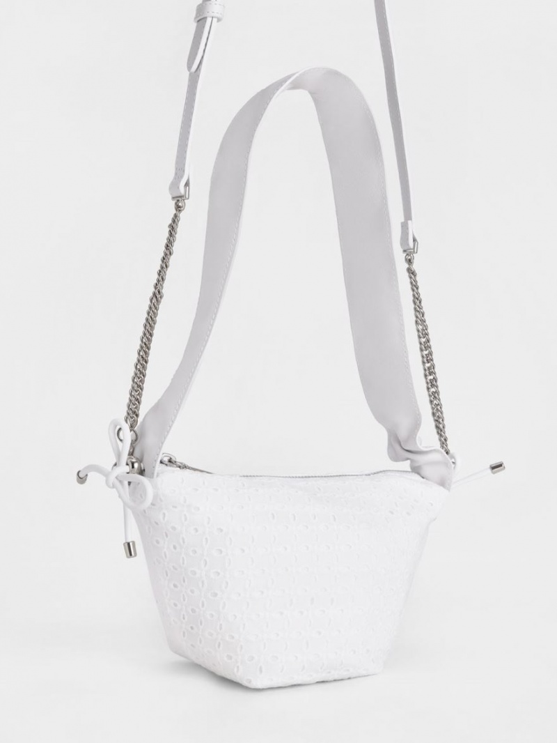 Charles And Keith Leather & Lace Ruched Top Handbag White | PHILIPPINES P489