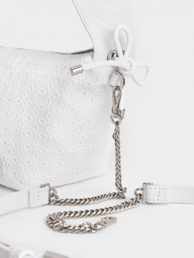 Charles And Keith Leather & Lace Ruched Top Handbag White | PHILIPPINES P489