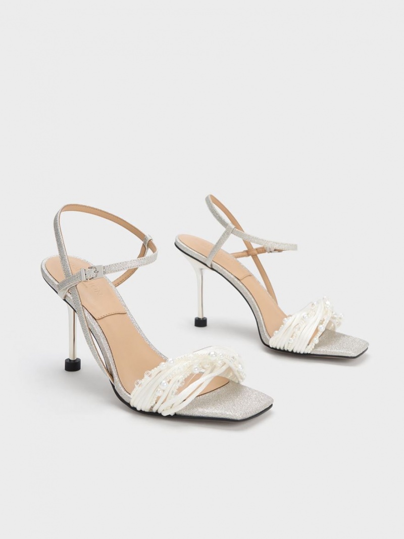 Charles And Keith Leda Beaded Asymmetric Glittered Heels Sandals Silver | PHILIPPINES S037