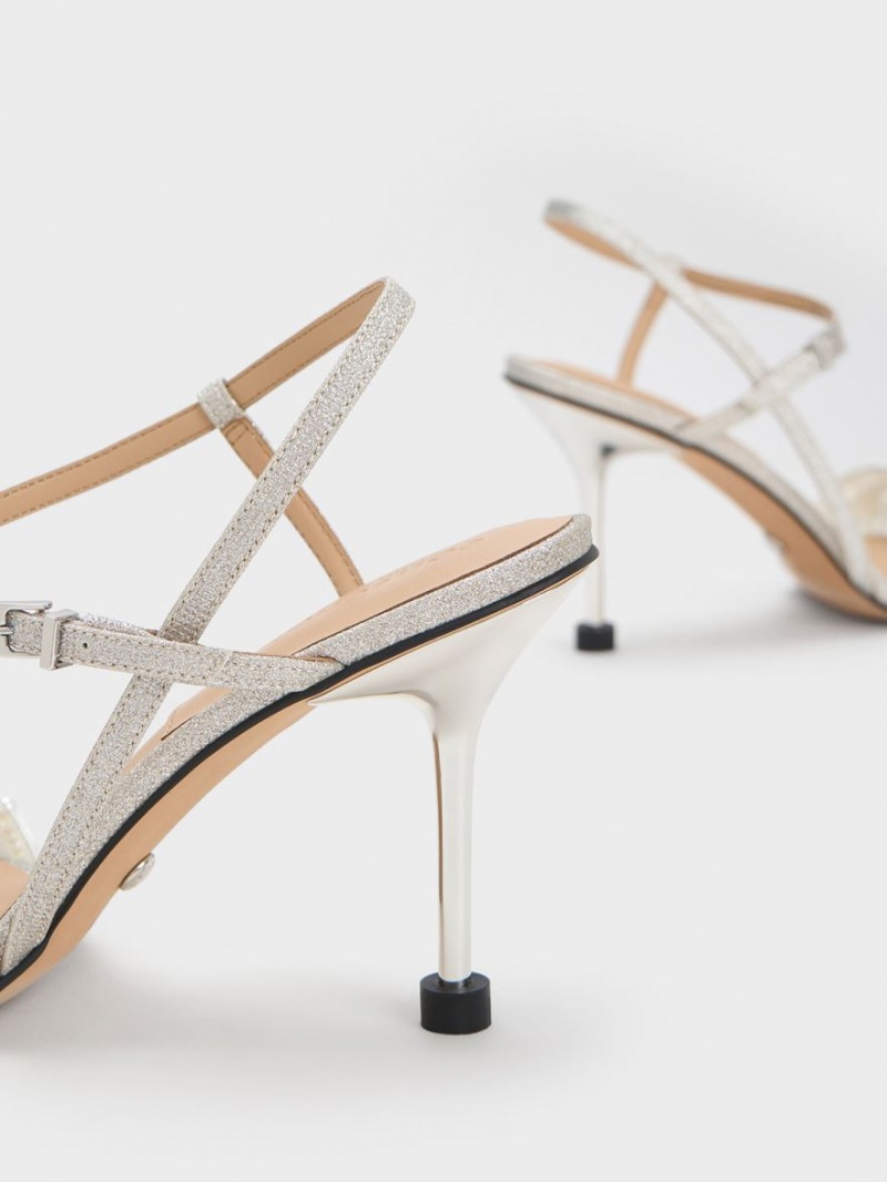 Charles And Keith Leda Beaded Asymmetric Glittered Heels Sandals Silver | PHILIPPINES S037