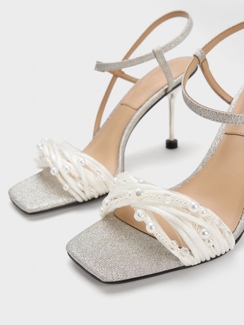 Charles And Keith Leda Beaded Asymmetric Glittered Heels Sandals Silver | PHILIPPINES S037