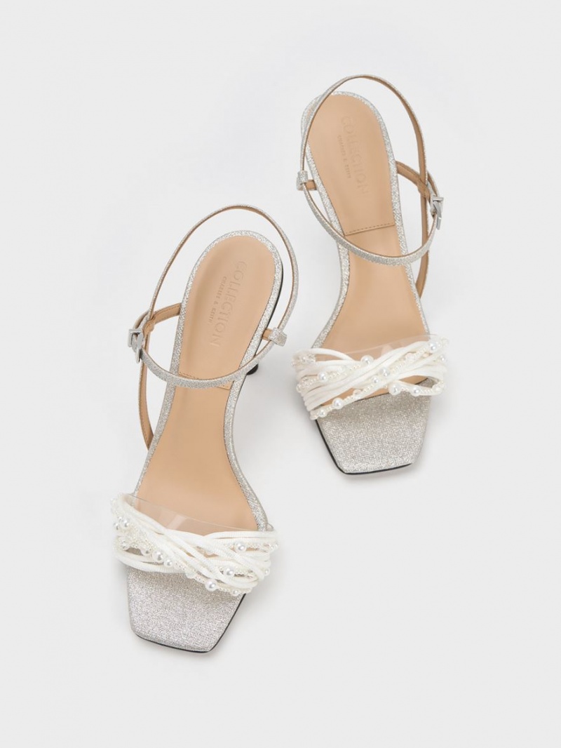 Charles And Keith Leda Beaded Asymmetric Glittered Heels Sandals Silver | PHILIPPINES S037