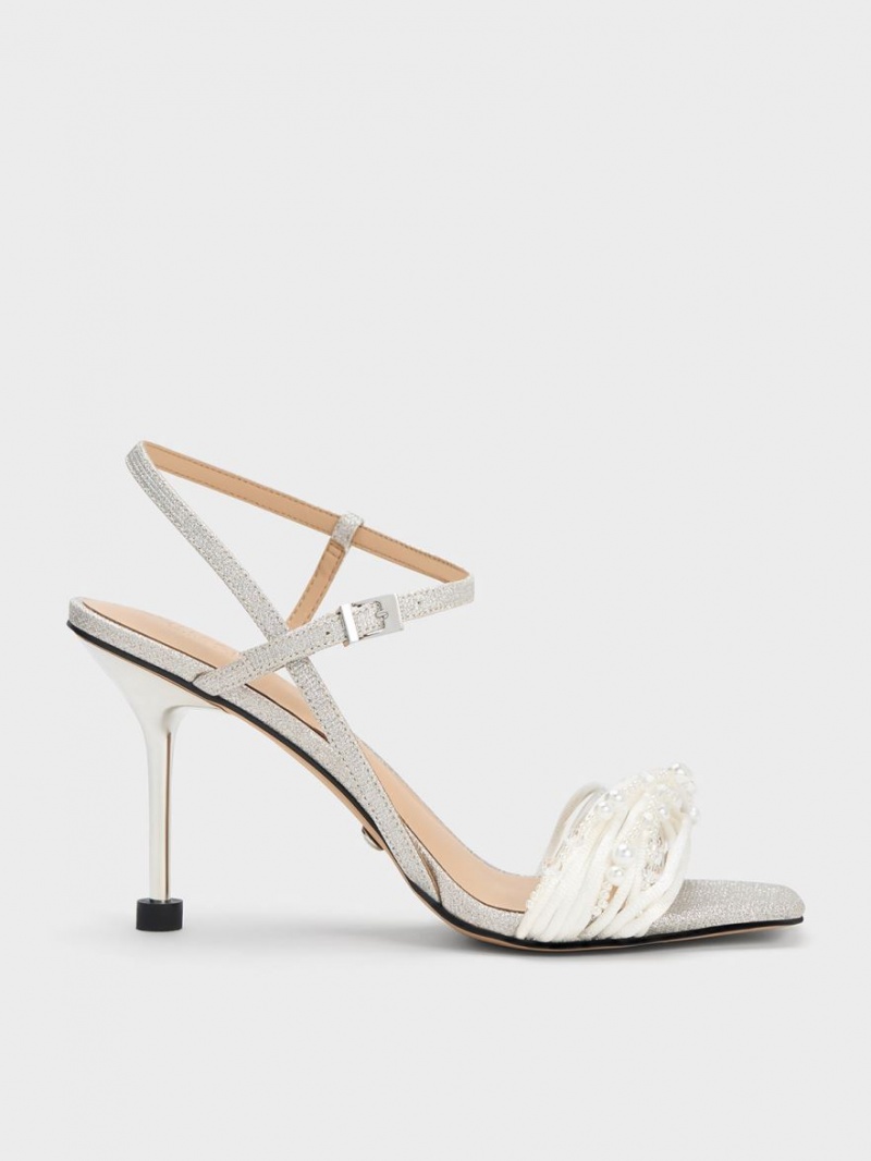 Charles And Keith Leda Beaded Asymmetric Glittered Heels Sandals Silver | PHILIPPINES S037