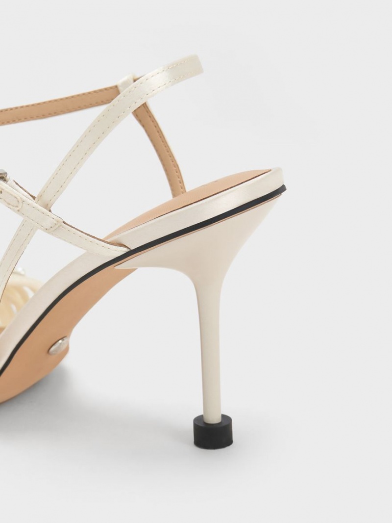 Charles And Keith Leda Beaded Asymmetric Satin Heels Sandals White | PHILIPPINES S680