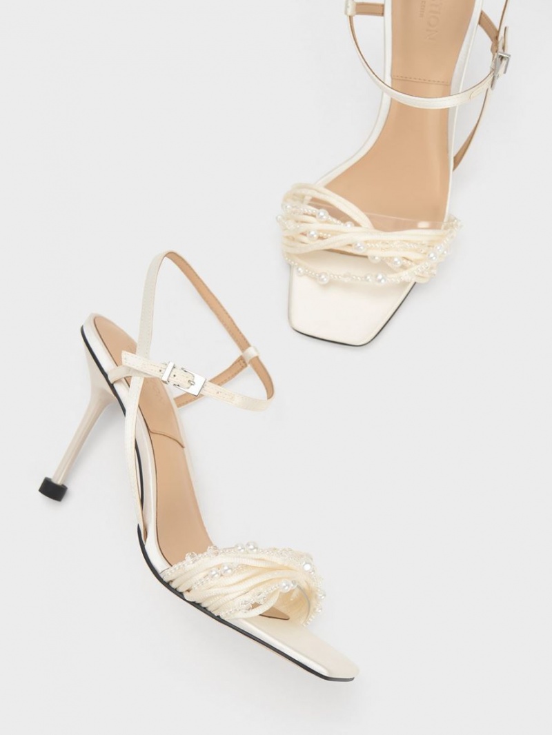 Charles And Keith Leda Beaded Asymmetric Satin Heels Sandals White | PHILIPPINES S680