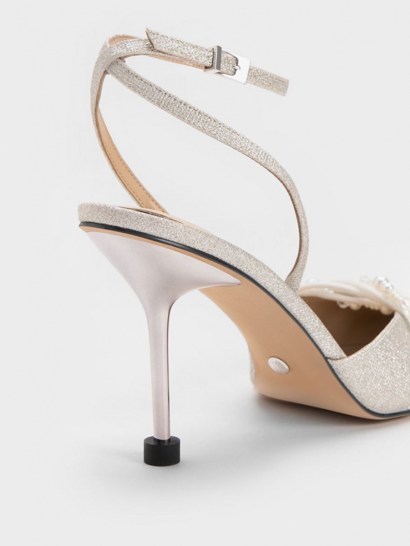 Charles And Keith Leda Beaded Glittered Ankle-Strap Pumps Silver | PHILIPPINES C582