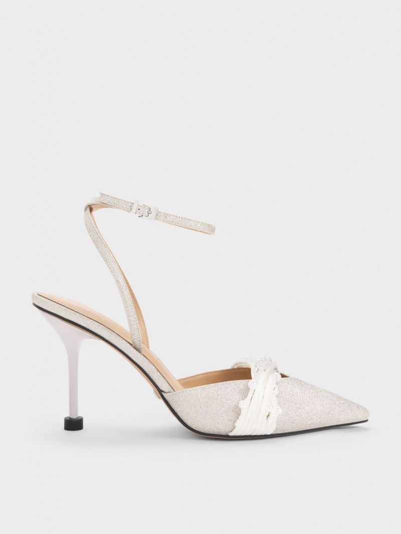 Charles And Keith Leda Beaded Glittered Ankle-Strap Pumps Silver | PHILIPPINES C582