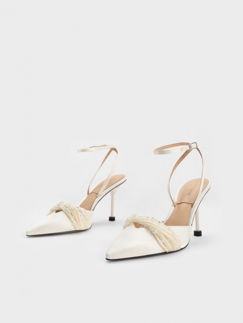 Charles And Keith Leda Beaded Satin Ankle-Strap Pumps White | PHILIPPINES M254