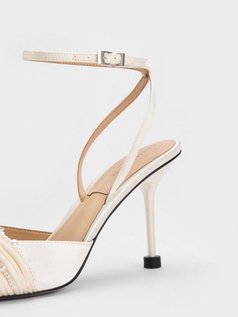 Charles And Keith Leda Beaded Satin Ankle-Strap Pumps White | PHILIPPINES M254