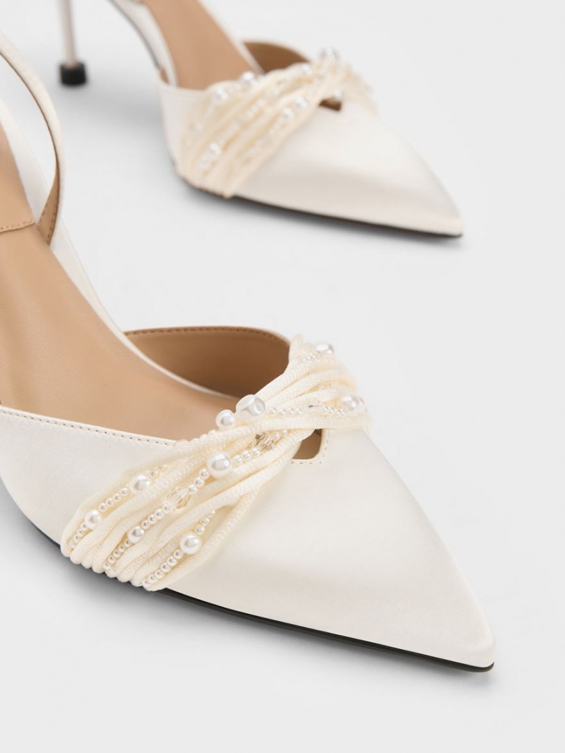 Charles And Keith Leda Beaded Satin Ankle-Strap Pumps White | PHILIPPINES M254