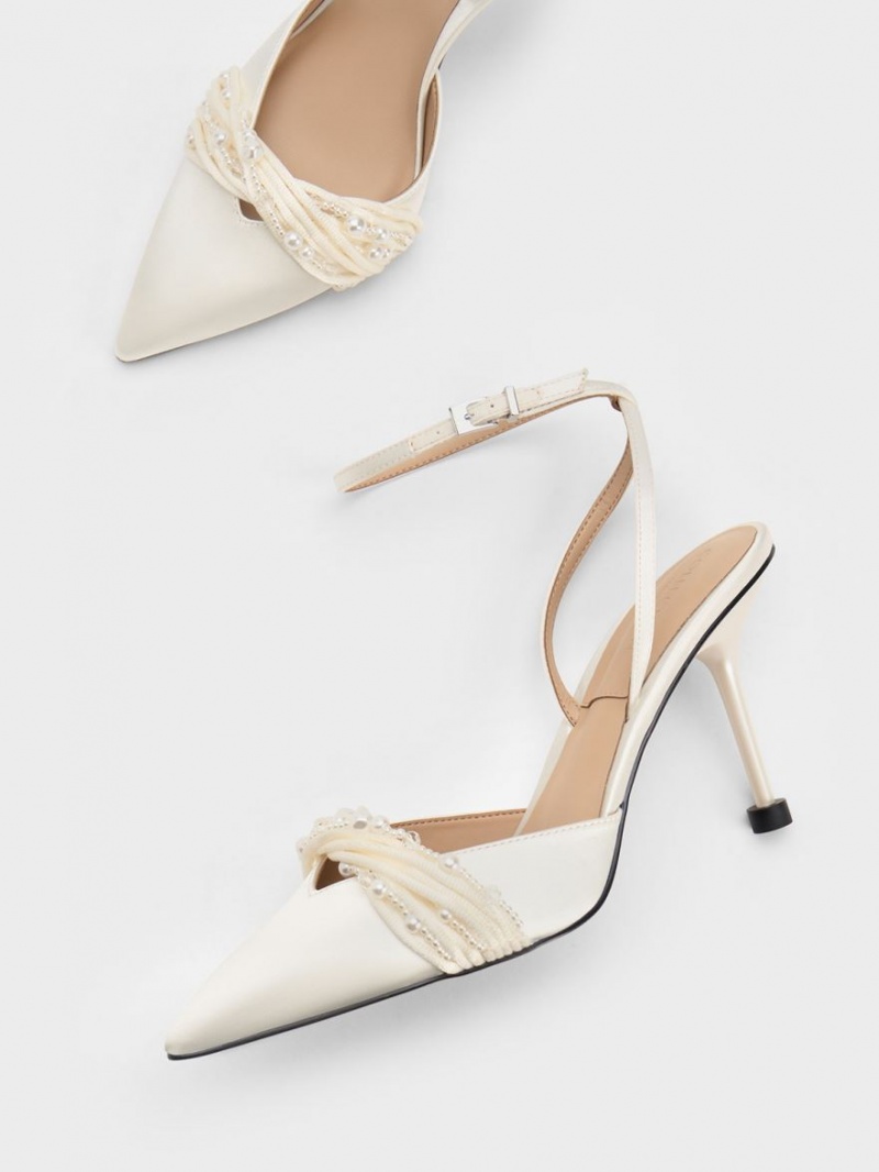 Charles And Keith Leda Beaded Satin Ankle-Strap Pumps White | PHILIPPINES M254