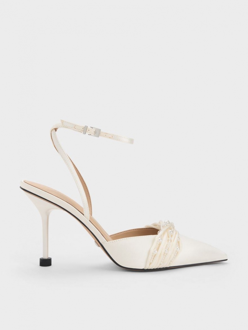 Charles And Keith Leda Beaded Satin Ankle-Strap Pumps White | PHILIPPINES M254