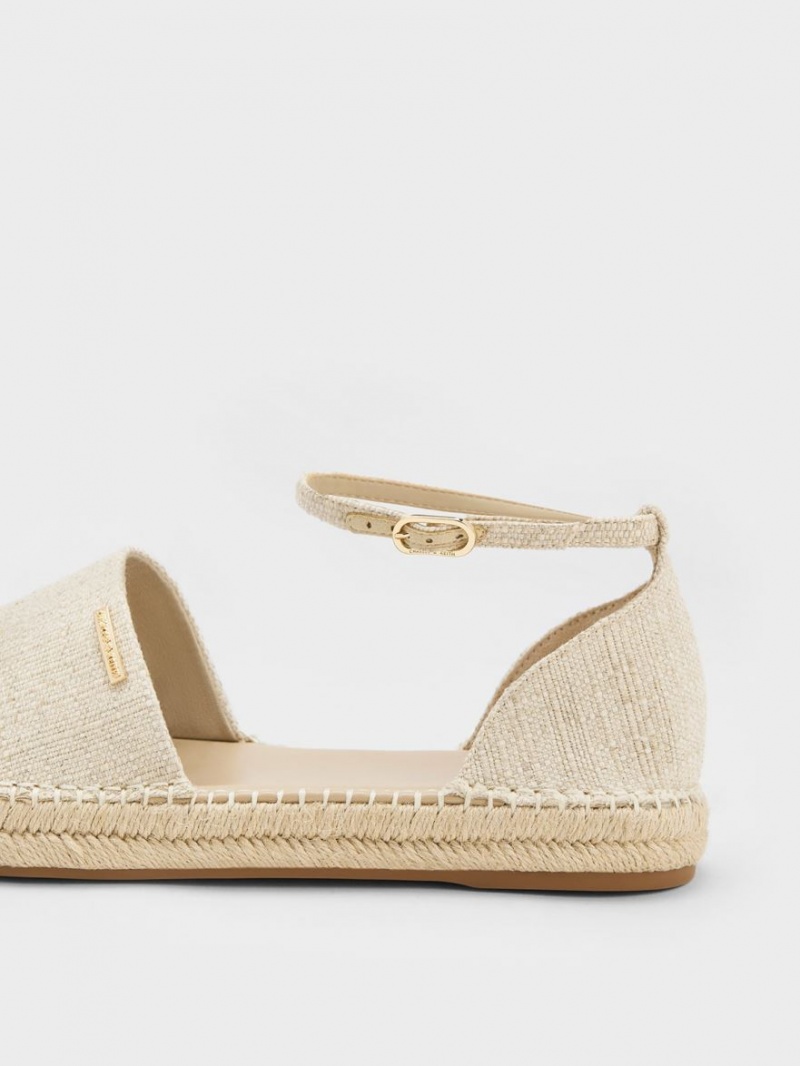 Charles And Keith Linen Ankle-Strap Espadrille Flat Shoes Beige | PHILIPPINES V419