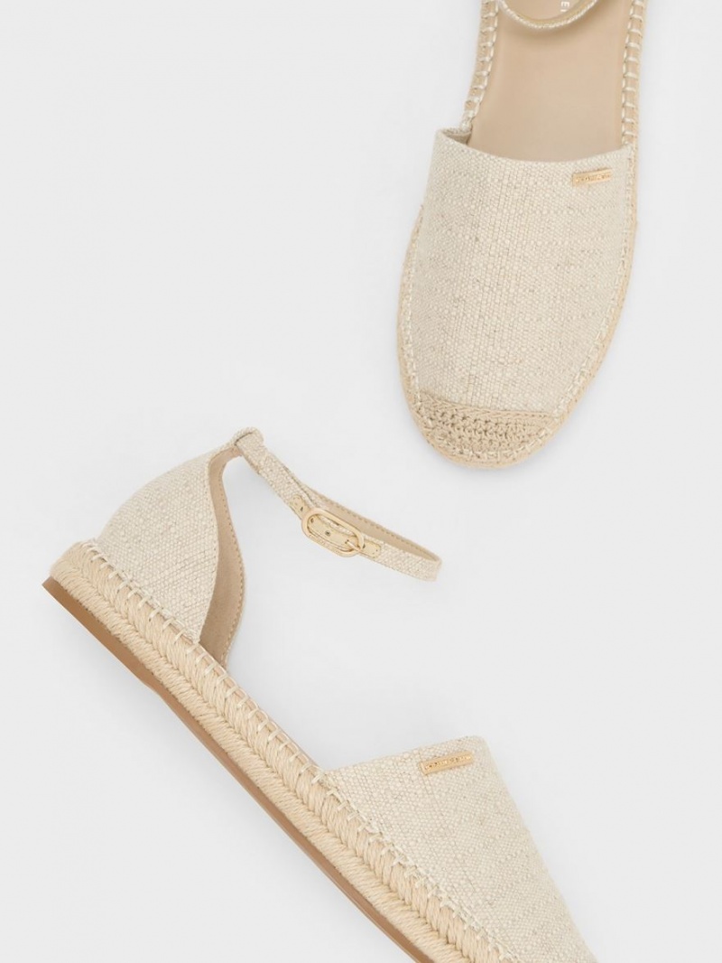 Charles And Keith Linen Ankle-Strap Espadrille Flat Shoes Beige | PHILIPPINES V419