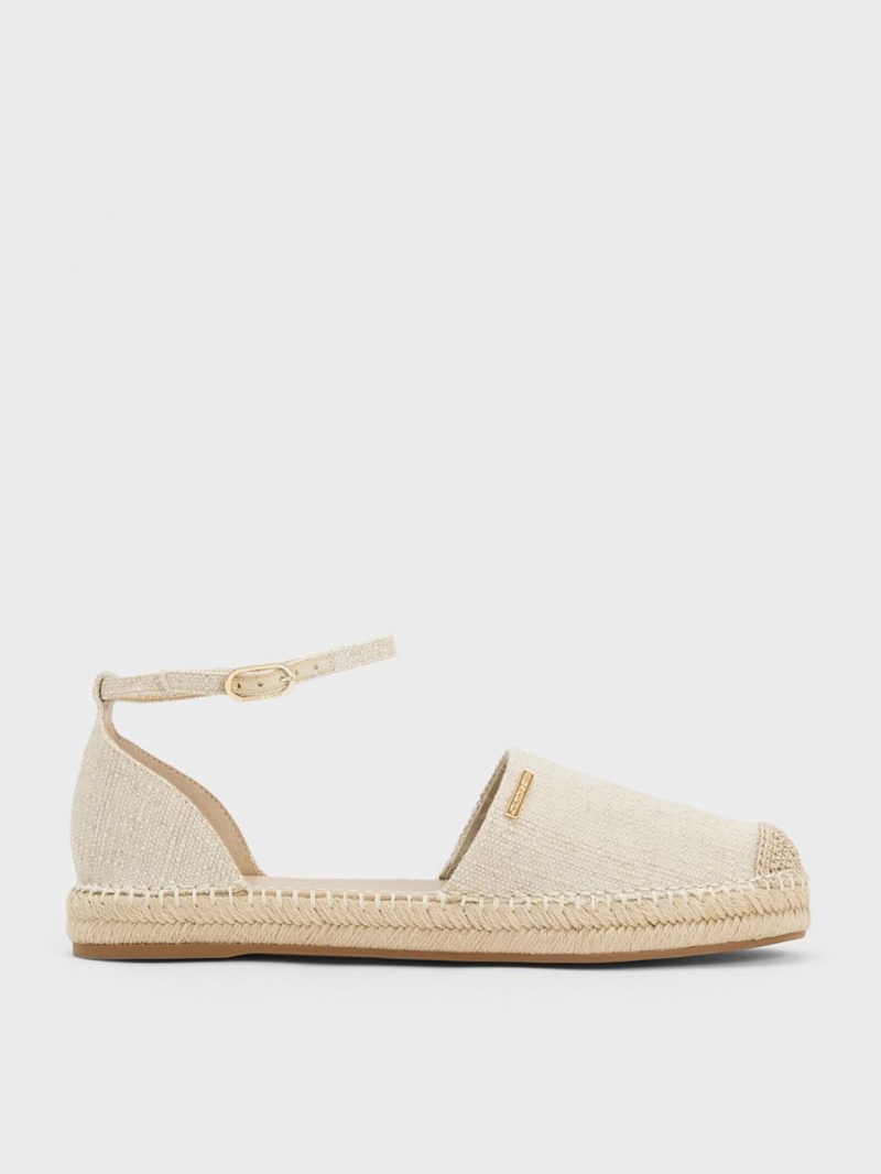 Charles And Keith Linen Ankle-Strap Espadrille Flat Shoes Beige | PHILIPPINES V419