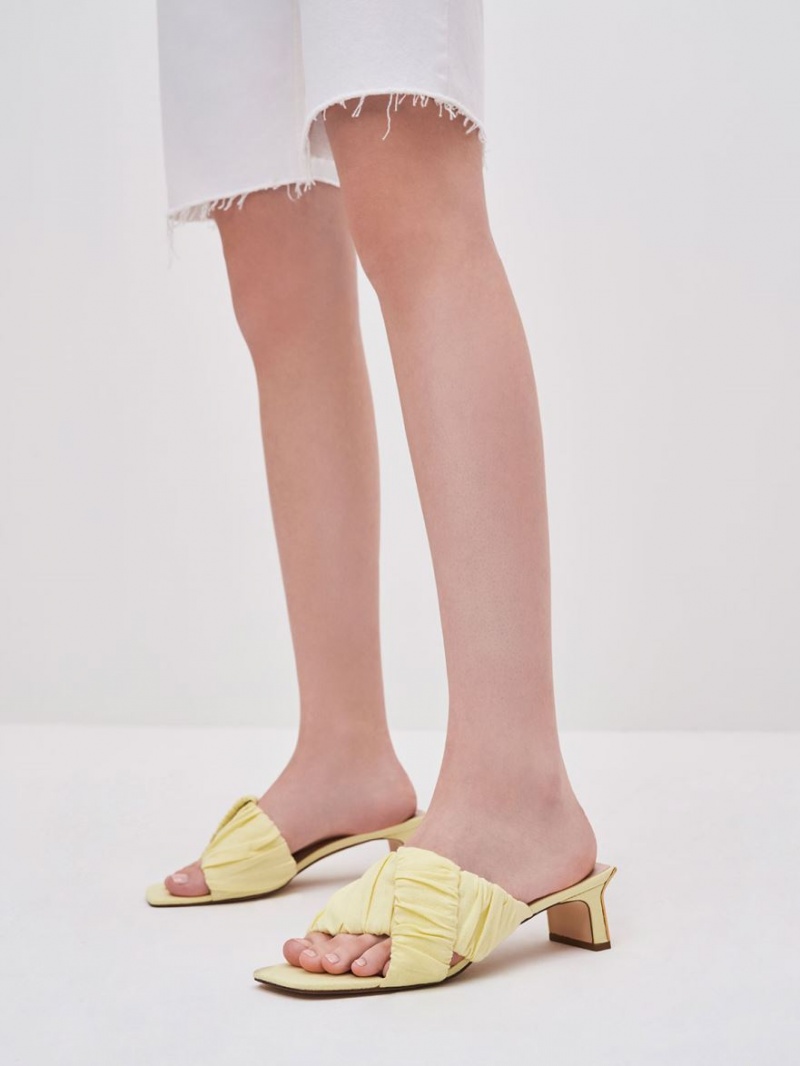 Charles And Keith Linen Asymmetric Ruched Mules Yellow | PHILIPPINES J527