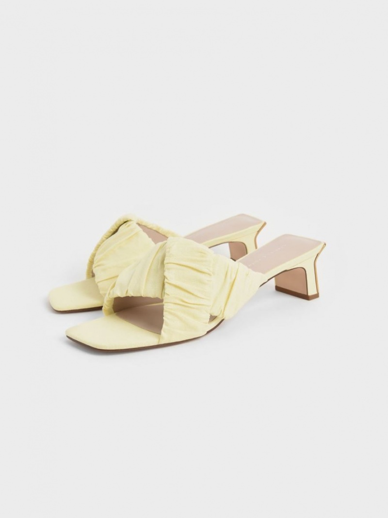 Charles And Keith Linen Asymmetric Ruched Mules Yellow | PHILIPPINES J527