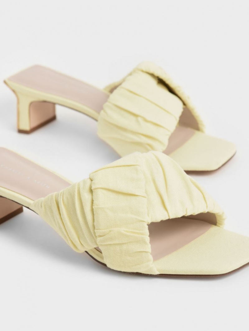 Charles And Keith Linen Asymmetric Ruched Mules Yellow | PHILIPPINES J527