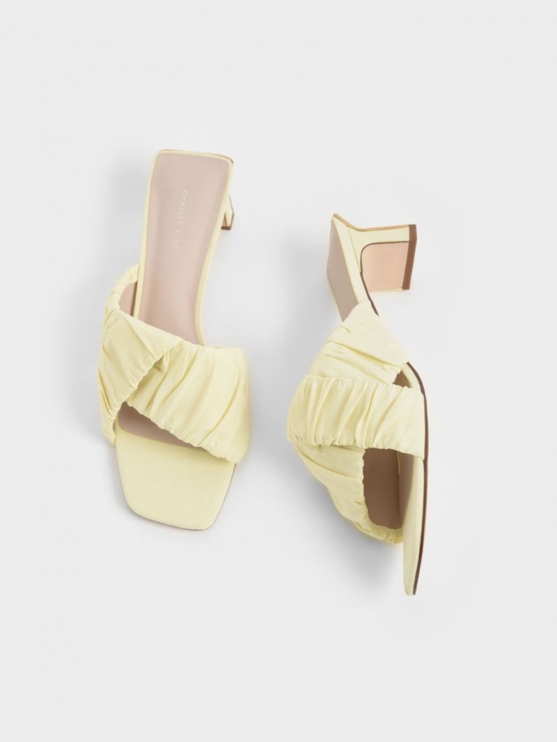 Charles And Keith Linen Asymmetric Ruched Mules Yellow | PHILIPPINES J527