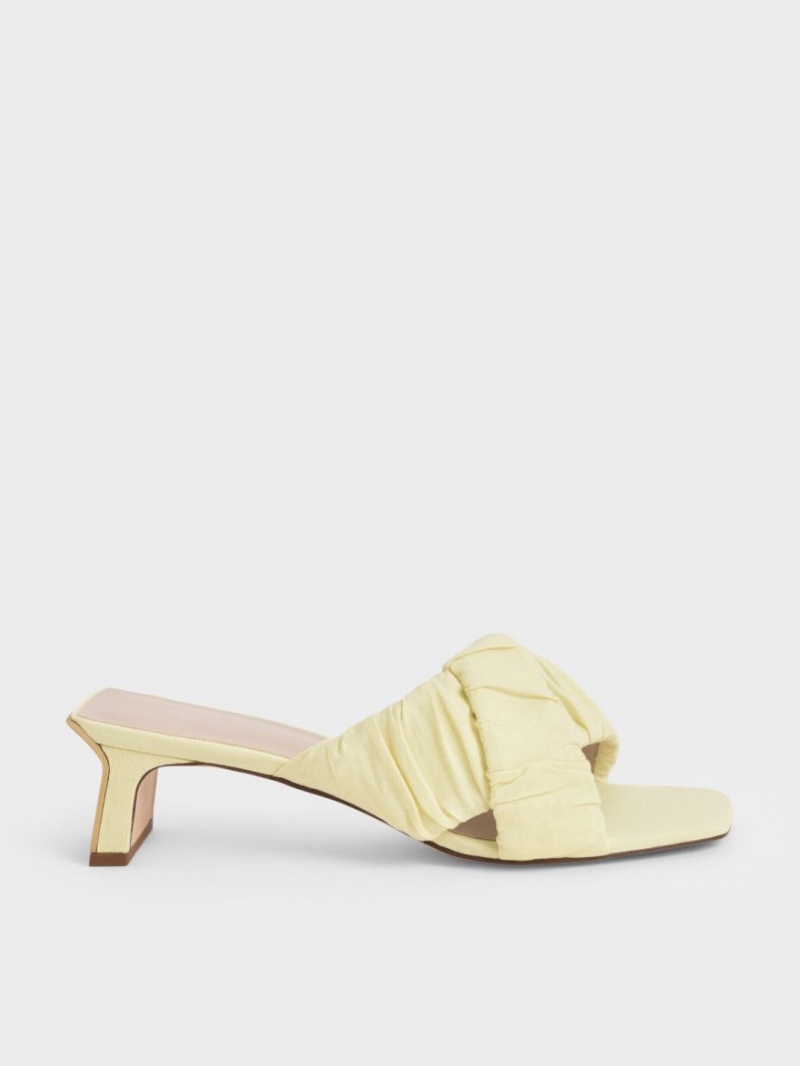 Charles And Keith Linen Asymmetric Ruched Mules Yellow | PHILIPPINES J527