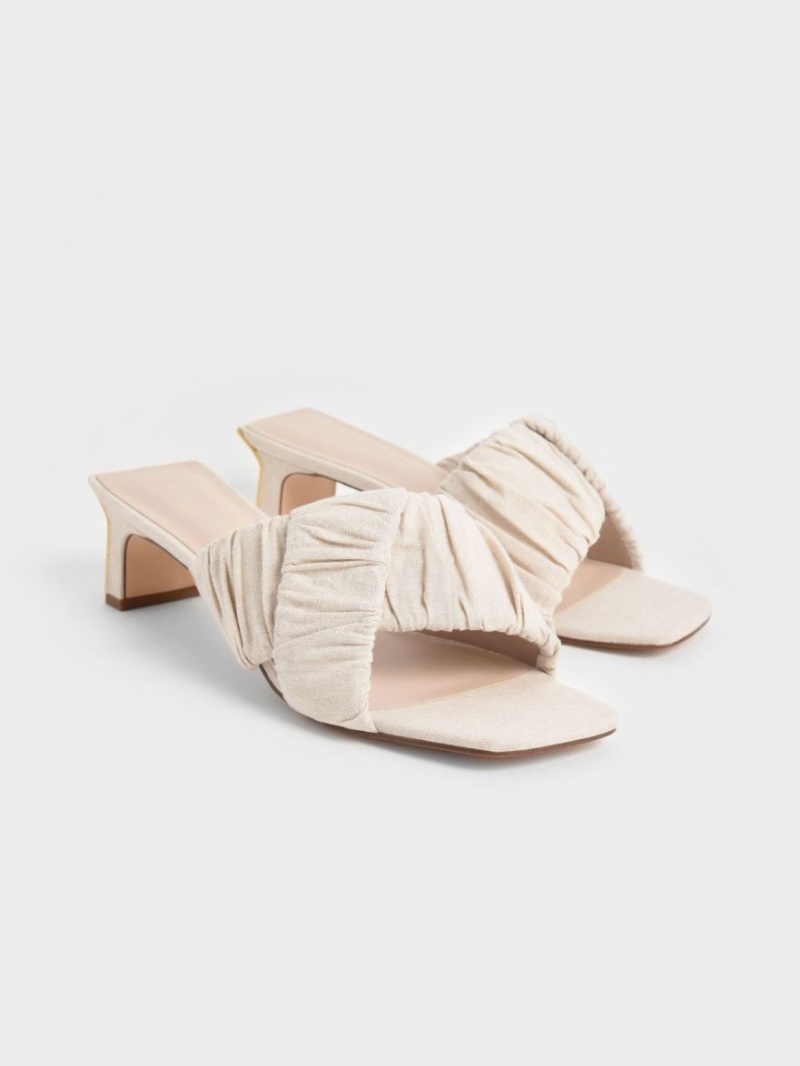 Charles And Keith Linen Asymmetric Ruched Mules Cream | PHILIPPINES C409