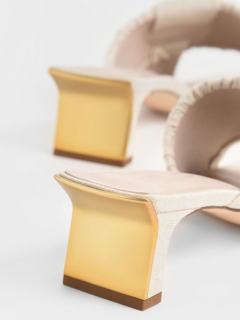 Charles And Keith Linen Asymmetric Ruched Mules Cream | PHILIPPINES C409