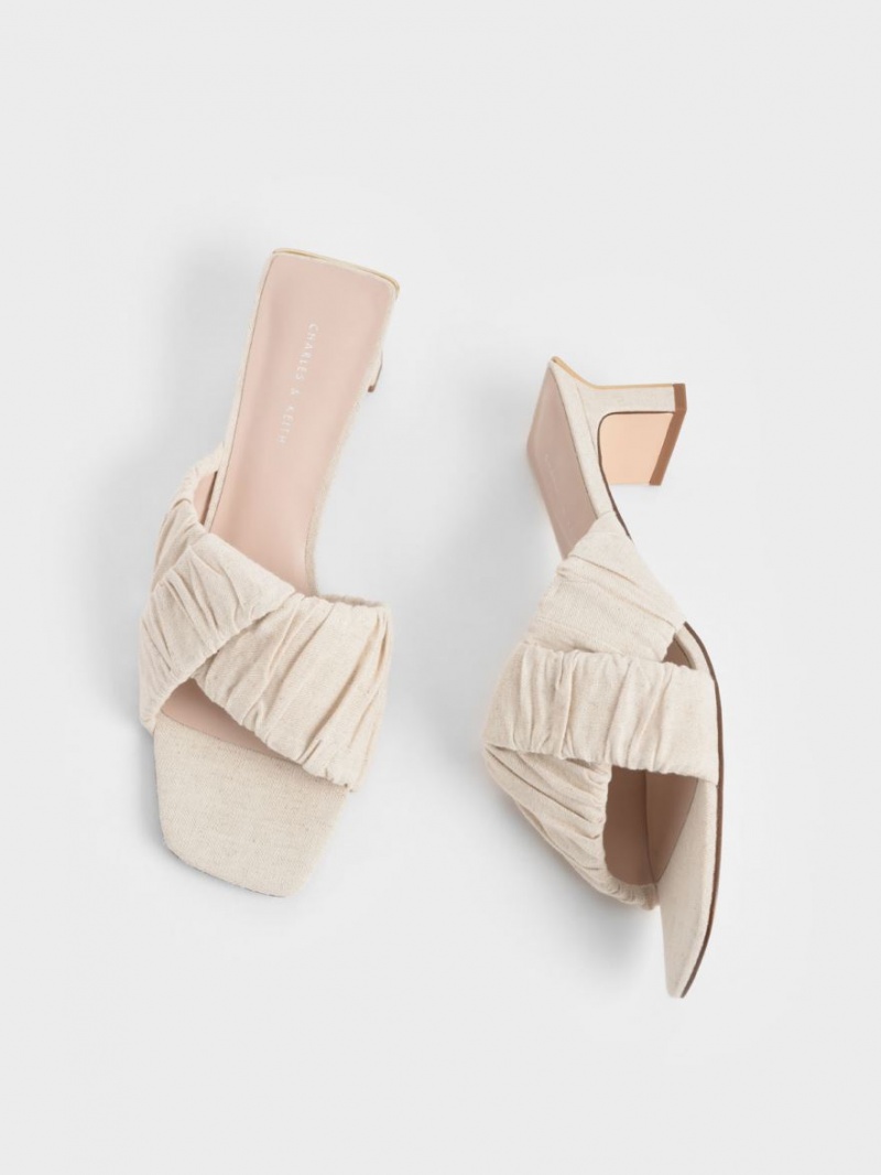 Charles And Keith Linen Asymmetric Ruched Mules Cream | PHILIPPINES C409