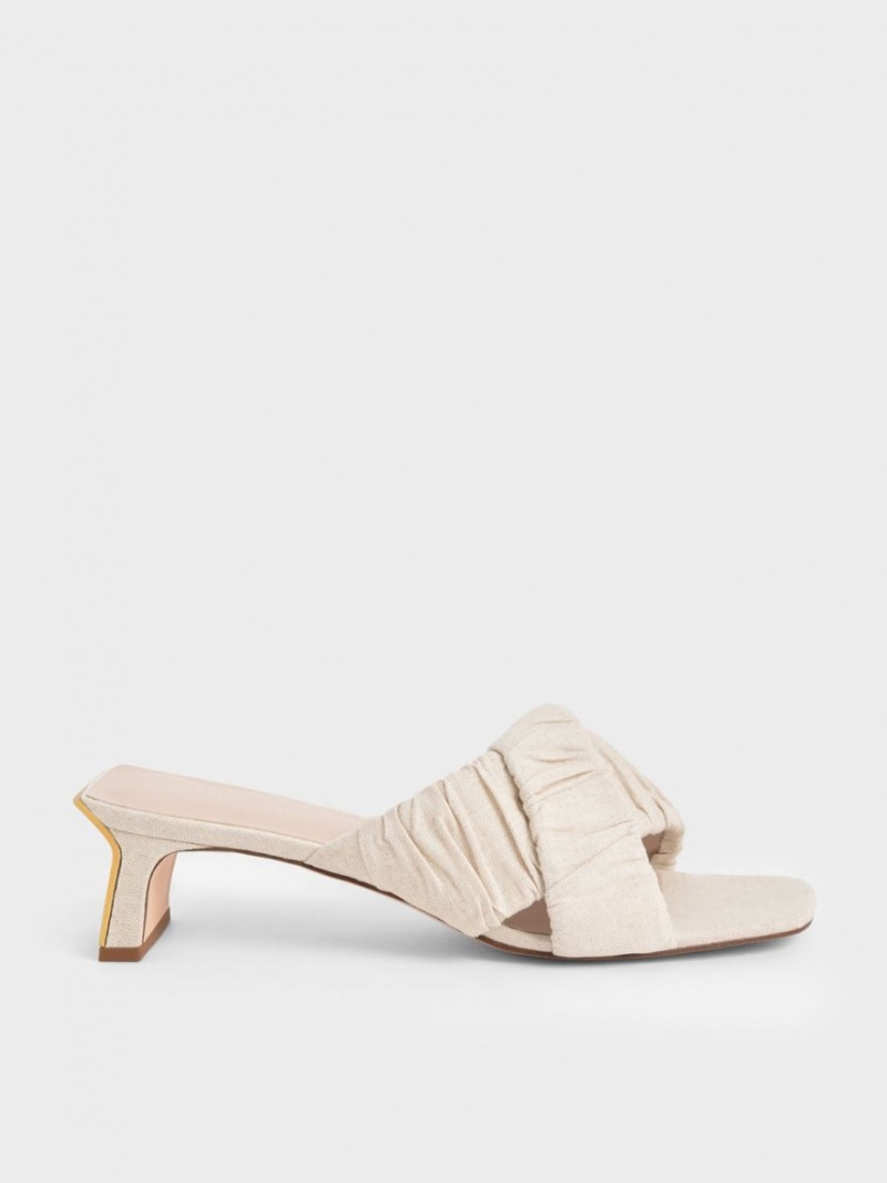 Charles And Keith Linen Asymmetric Ruched Mules Cream | PHILIPPINES C409