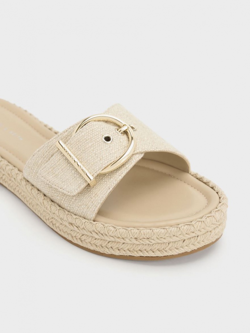 Charles And Keith Linen Buckled Espadrille Flat Sandals Beige | PHILIPPINES D082