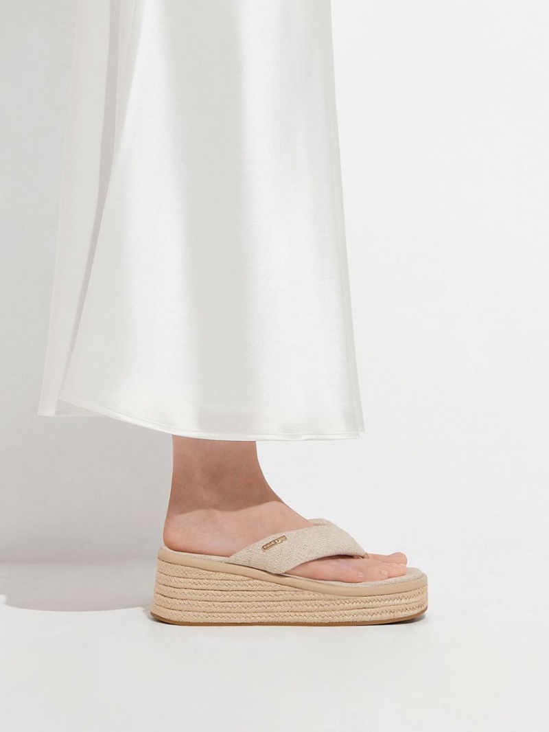 Charles And Keith Linen Espadrille Thong Wedges Beige | PHILIPPINES R981