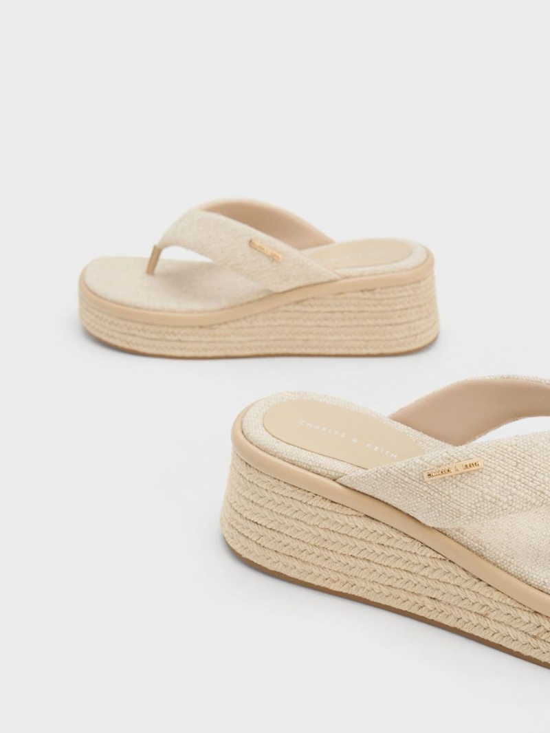 Charles And Keith Linen Espadrille Thong Wedges Beige | PHILIPPINES R981