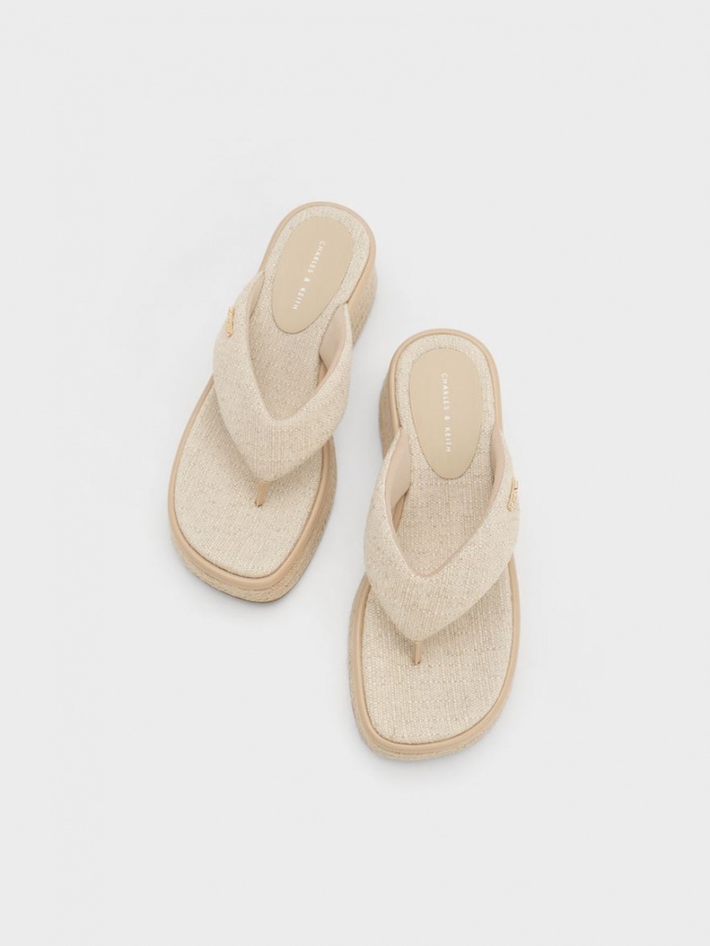 Charles And Keith Linen Espadrille Thong Wedges Beige | PHILIPPINES R981