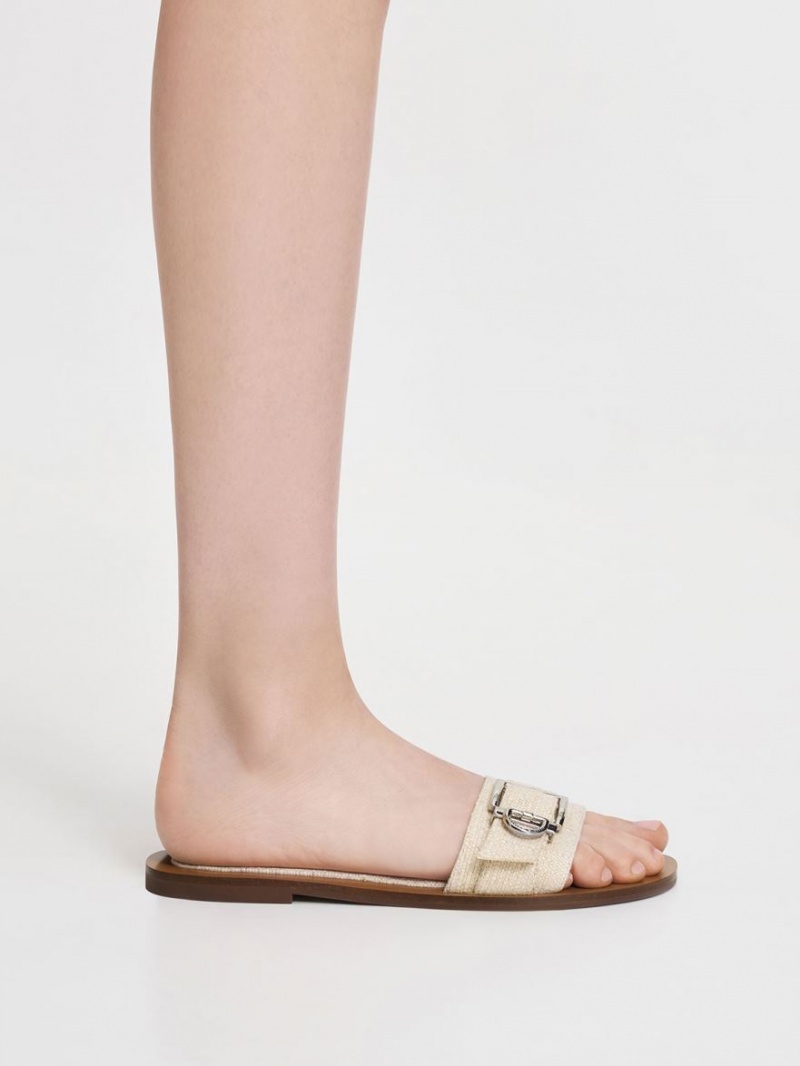 Charles And Keith Linen Metallic Buckle Slides Beige | PHILIPPINES S784