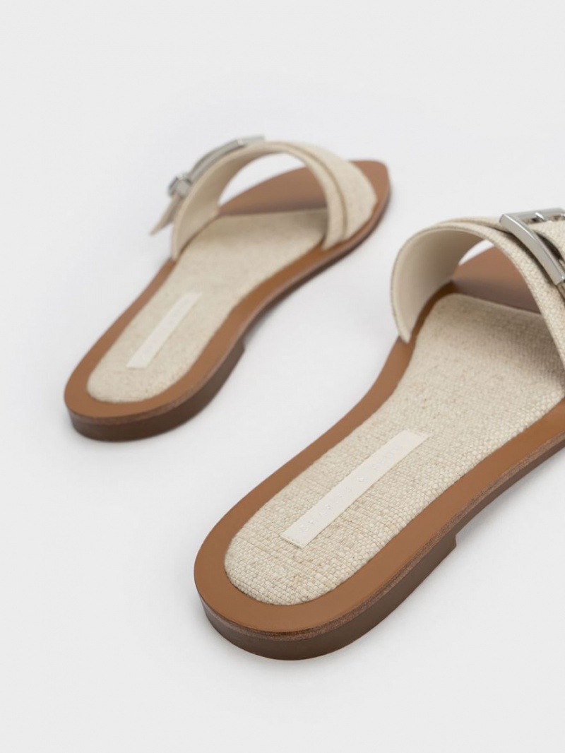 Charles And Keith Linen Metallic Buckle Slides Beige | PHILIPPINES S784