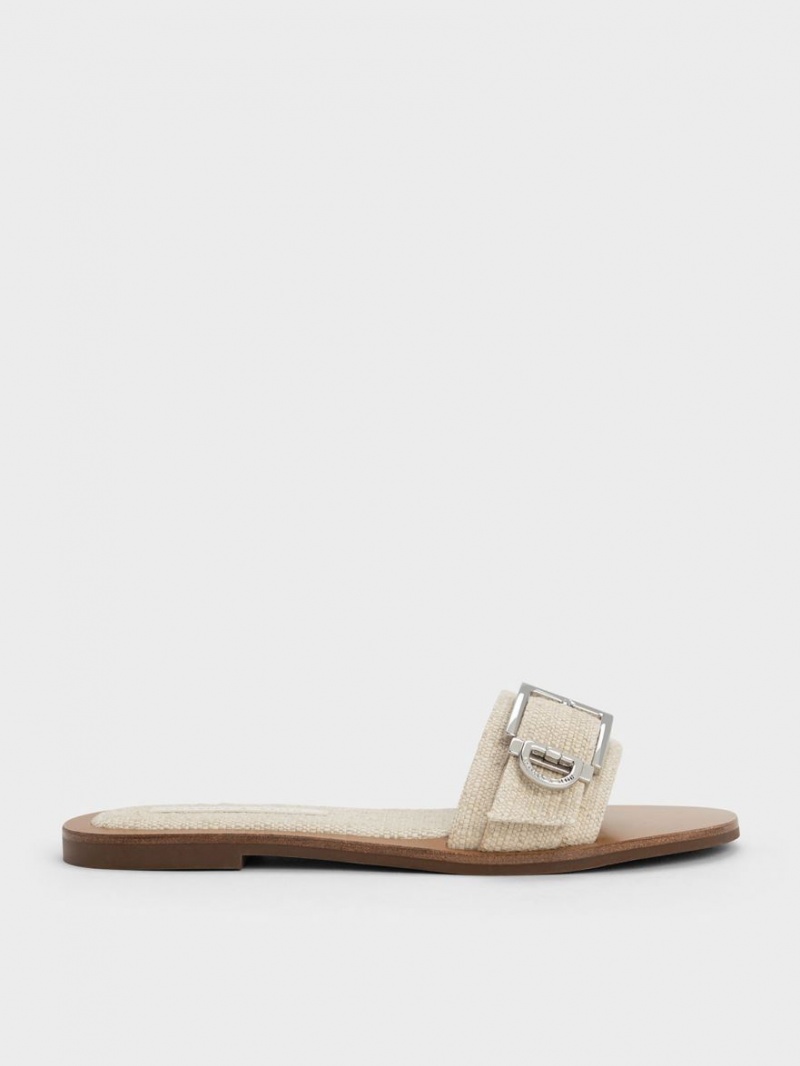 Charles And Keith Linen Metallic Buckle Slides Beige | PHILIPPINES S784