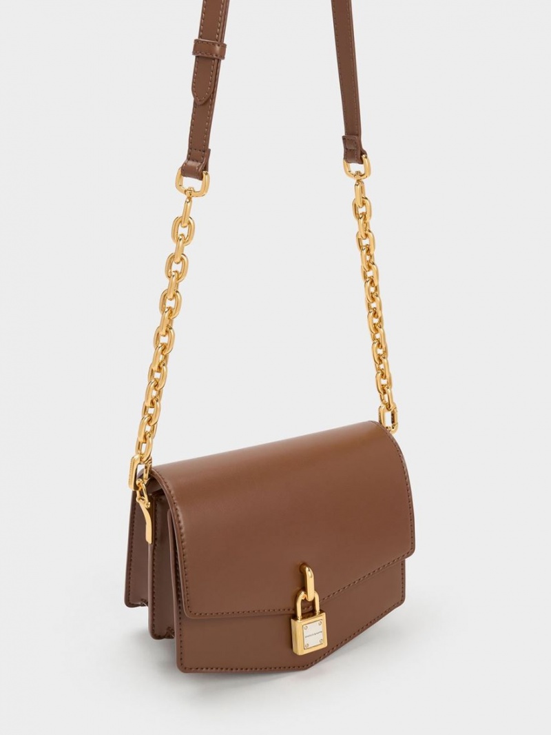 Charles And Keith Lock-Motif Geometric Crossbody Bags Chocolate | PHILIPPINES F195