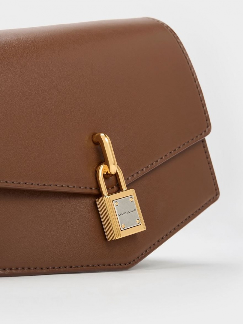 Charles And Keith Lock-Motif Geometric Crossbody Bags Chocolate | PHILIPPINES F195