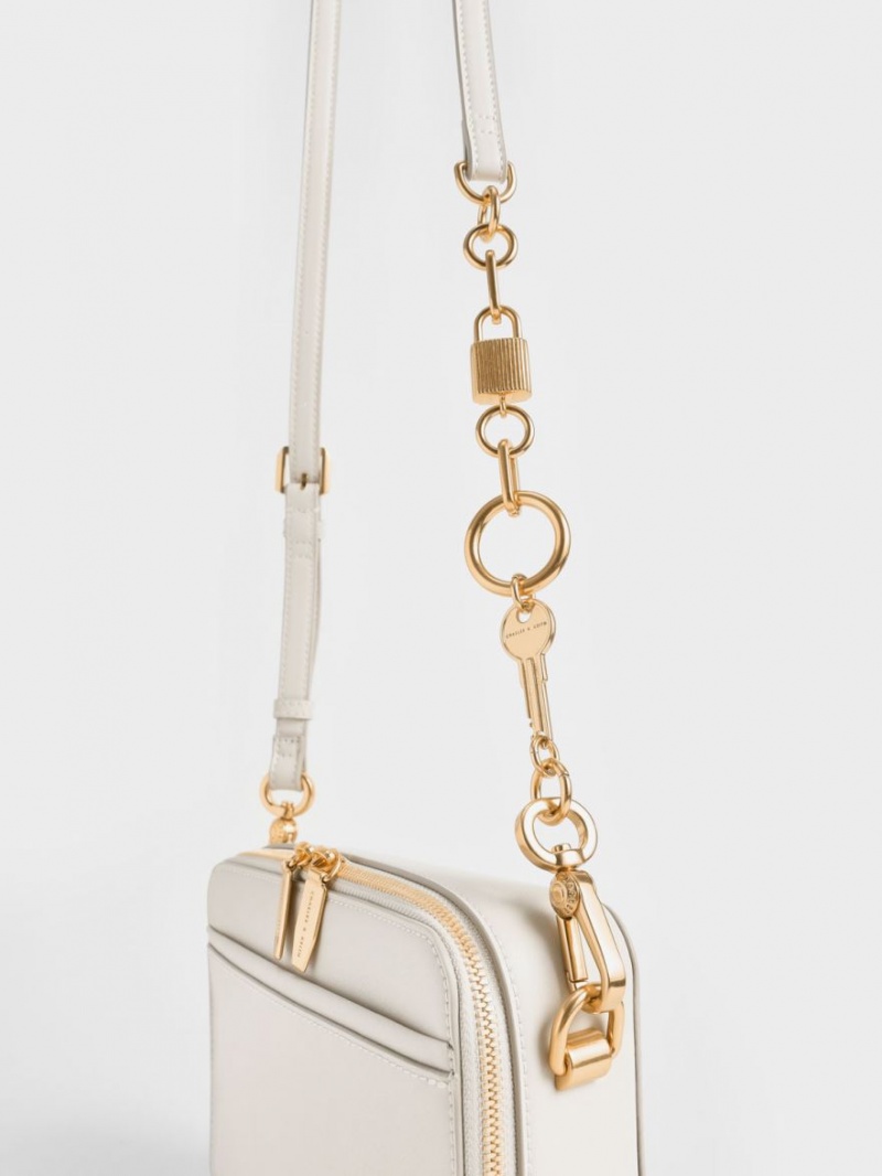 Charles And Keith Lock & Key Chain Handbag Cream | PHILIPPINES K591