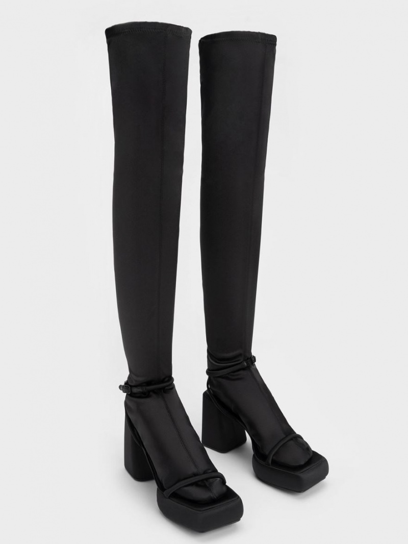 Charles And Keith Lucile Satin Thigh High Boots Black | PHILIPPINES Y419