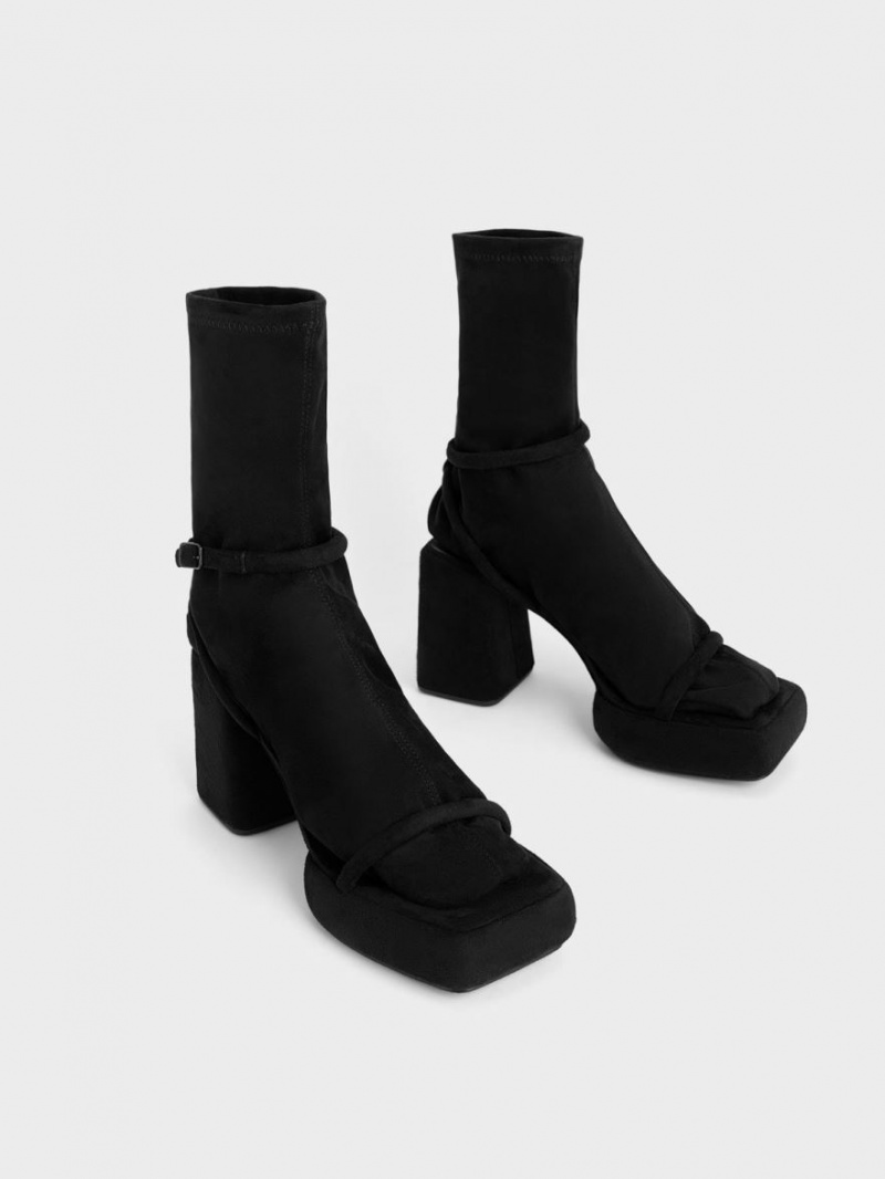 Charles And Keith Lucile Textured Calf Platform Boots Black | PHILIPPINES A053