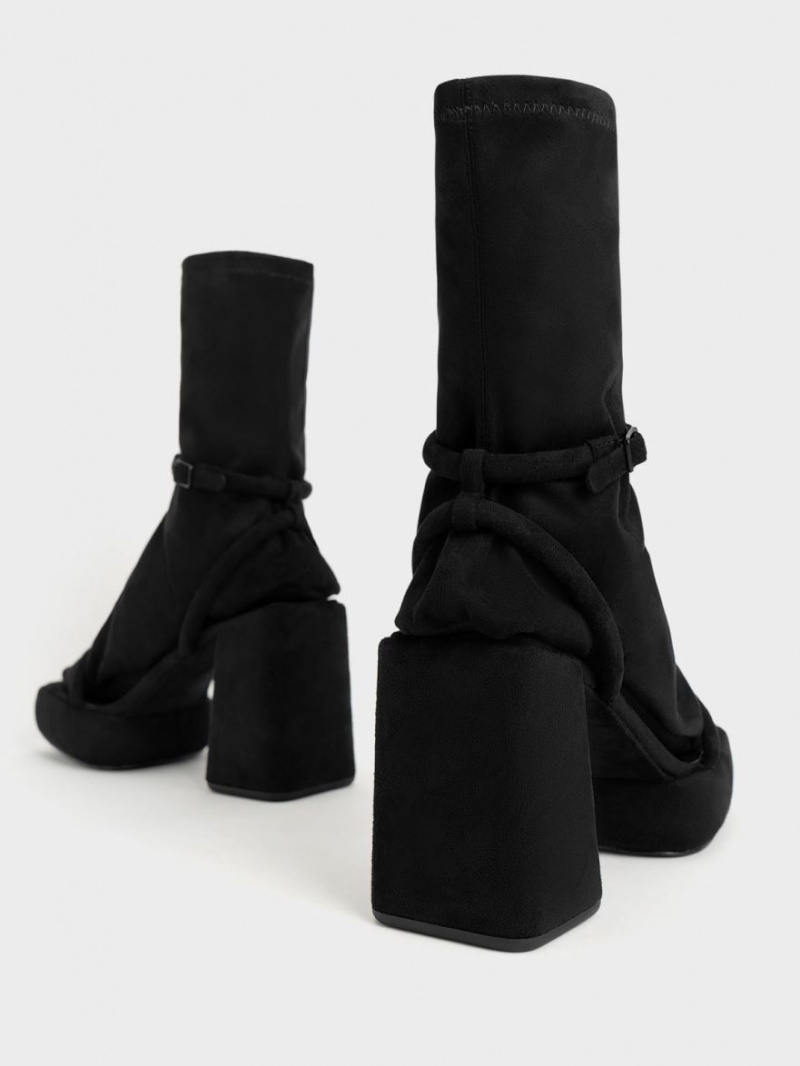 Charles And Keith Lucile Textured Calf Platform Boots Black | PHILIPPINES A053