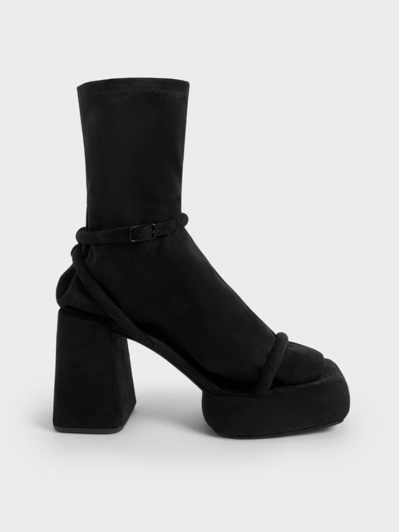 Charles And Keith Lucile Textured Calf Platform Boots Black | PHILIPPINES A053