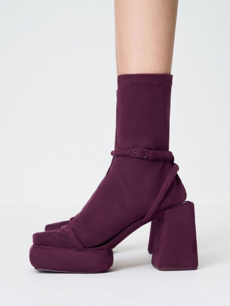 Charles And Keith Lucile Textured Calf Platform Boots Burgundy | PHILIPPINES T026